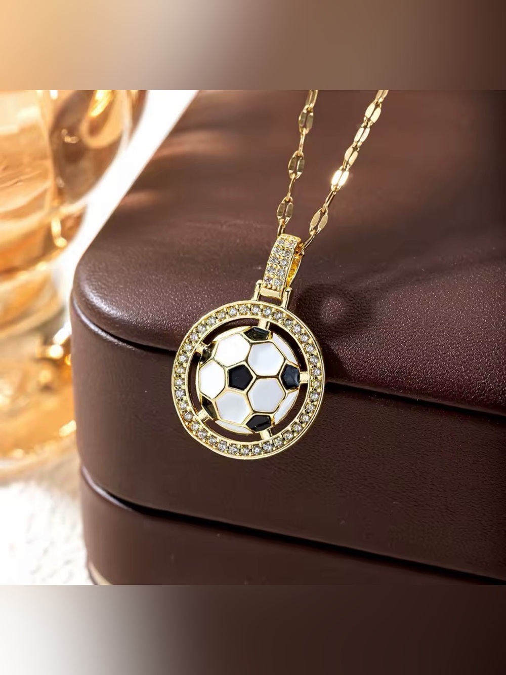 18K Gold Soccer Ball Enameled Micro Pave Diamond Inlay Pendant Necklace Unisex - Picture 5 of 6